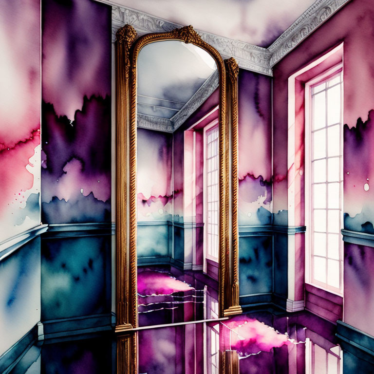 Colorful watercolor illustration: Ornate gold mirror in vibrant room with purple and pink palette and ink