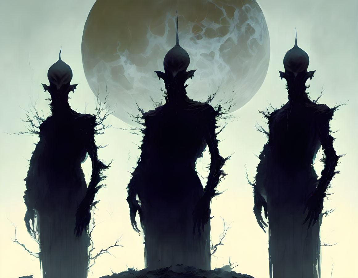 Elongated silhouettes with pointed headwear under large moon