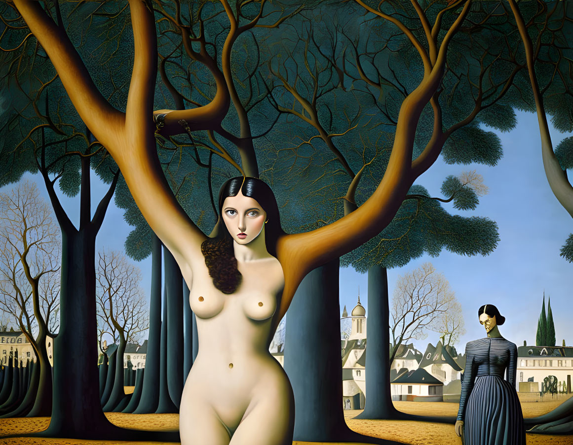 Surrealist painting of nude woman intertwined with tree branches