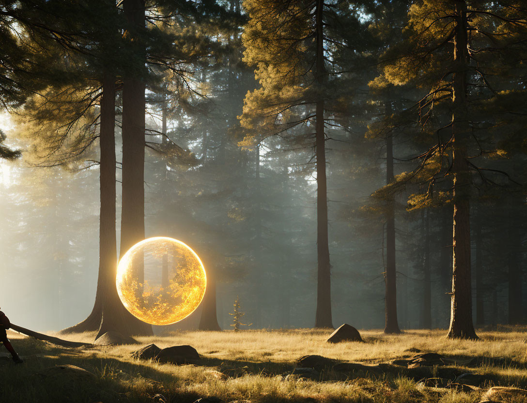 Enchanted forest scene with glowing orb and sunbeams