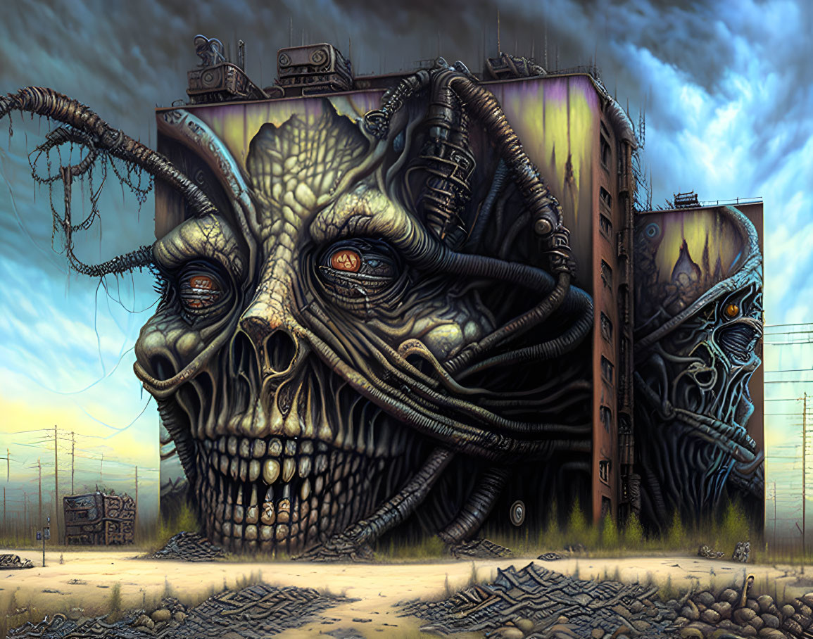 Surreal artwork: large skull merges with dilapidated building