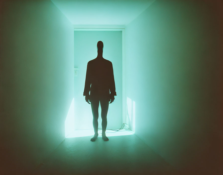 Silhouette of a person in doorway with greenish glow in narrow corridor