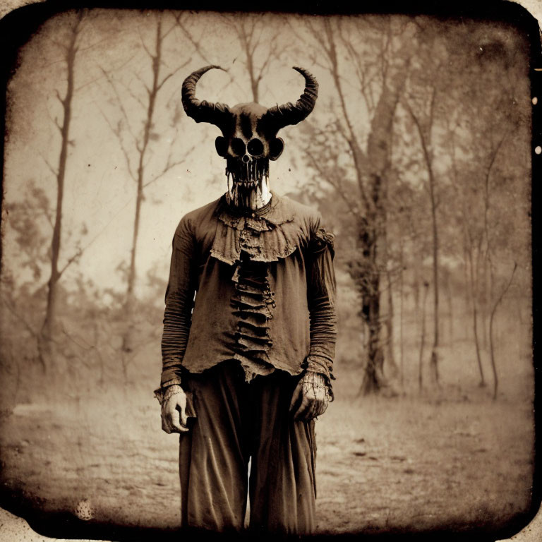 Sepia-Toned Image of Person in Rustic Costume with Skull-Like Mask in Barren Landscape