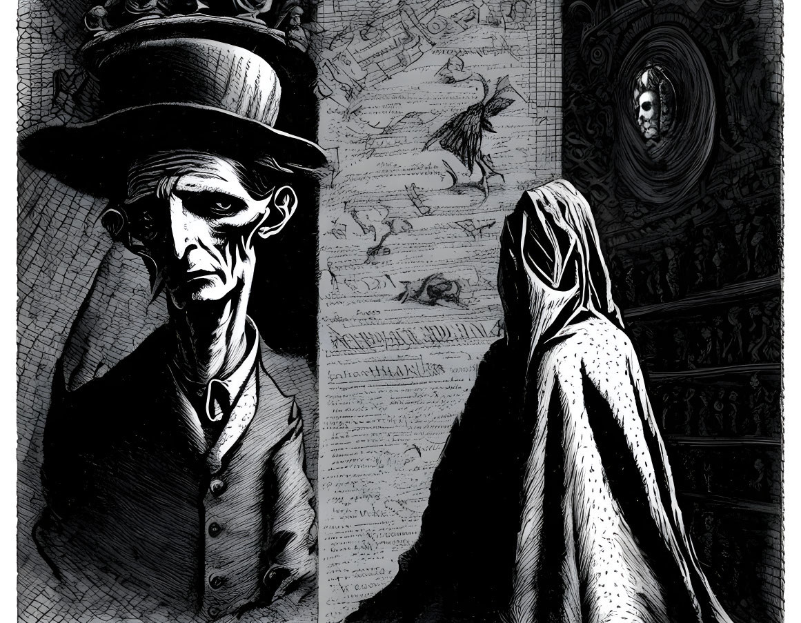 Gothic-themed illustration with gaunt man in top hat and cryptic symbols.