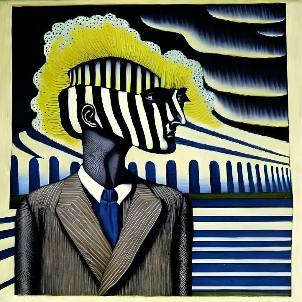 Abstract portrait with patterned face and striped surroundings in suit and tie against wavy backdrop