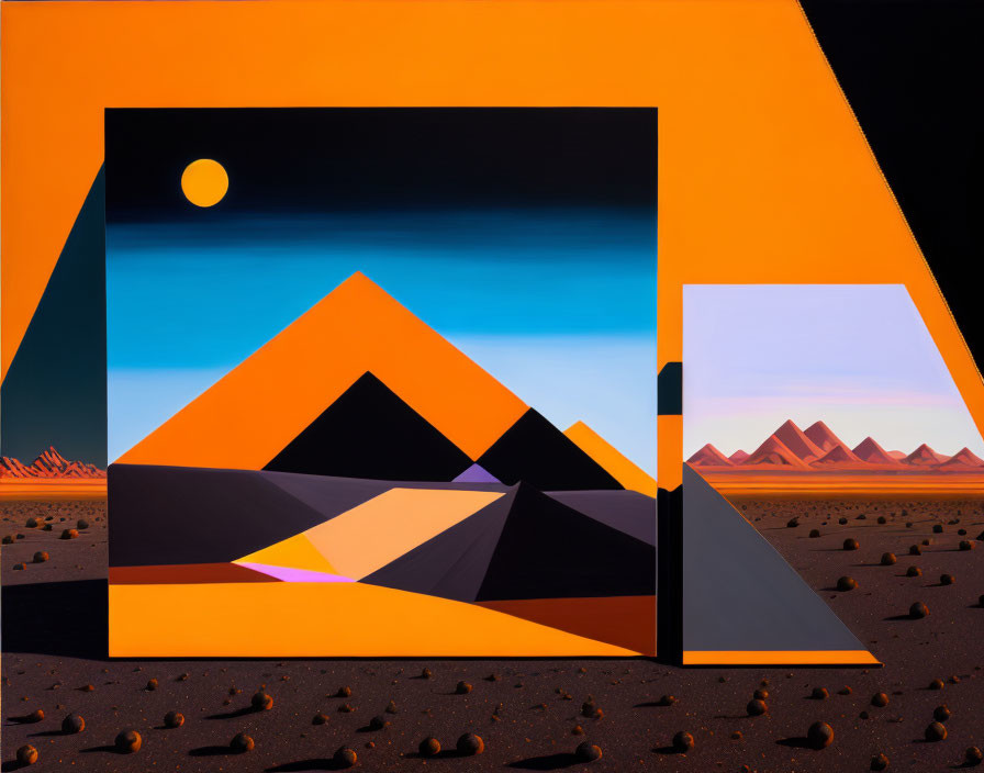 Geometric Abstract Art Over Desert Landscape and Sunset Sky