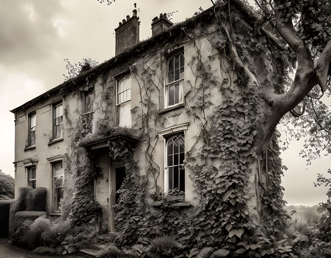 Eerie abandoned two-story house with creeping vines under cloudy sky