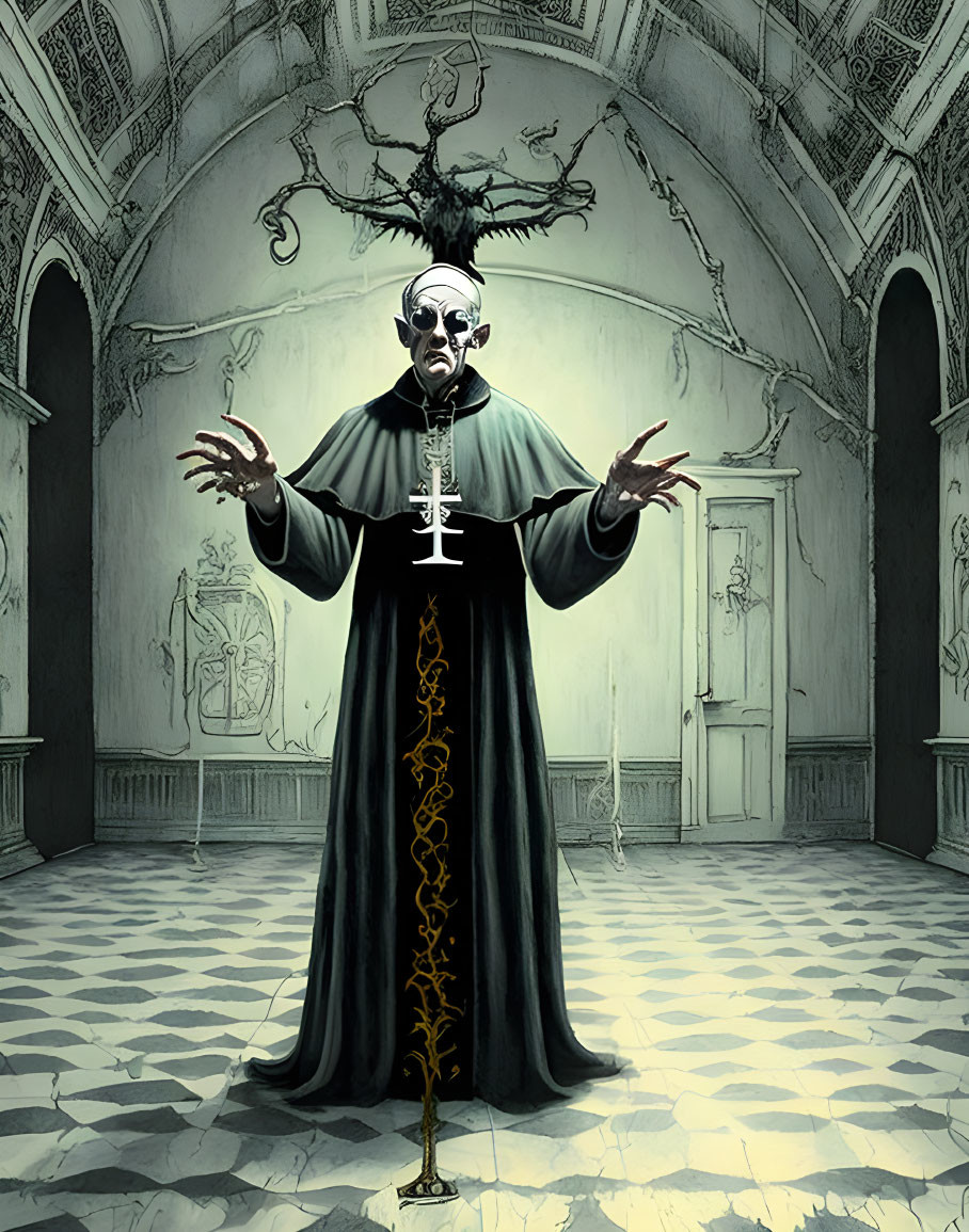 Sinister figure in clerical attire with white eyes in eerie room