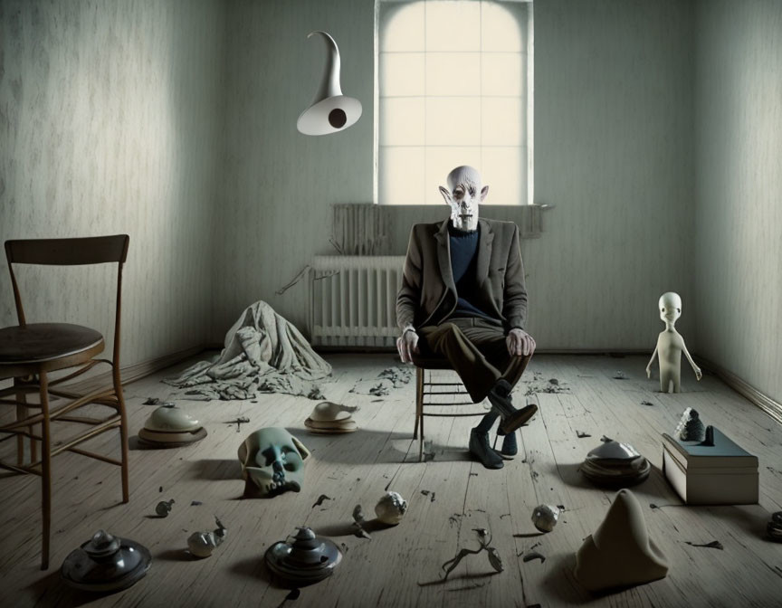 Surreal bald man surrounded by broken crockery and ominous items