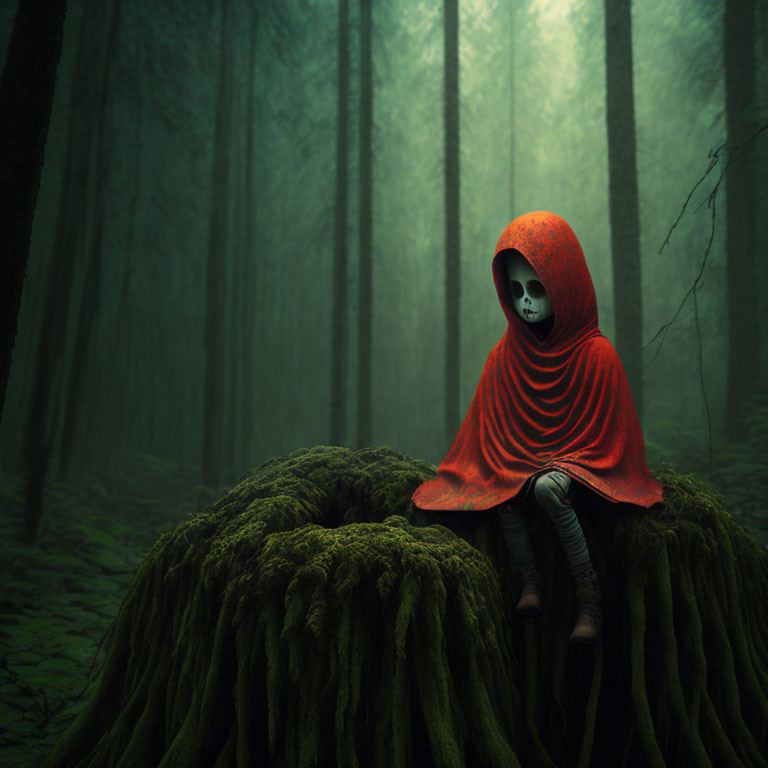 Mysterious figure in red cloak with skull mask in eerie forest