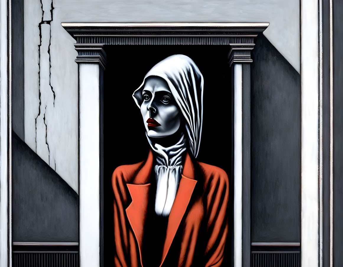 Stylized portrait of person with white headscarf and orange jacket against classical architecture with columns and