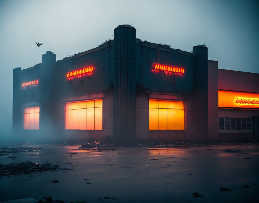 Desolate building with red neon signs in foggy setting and flying bird