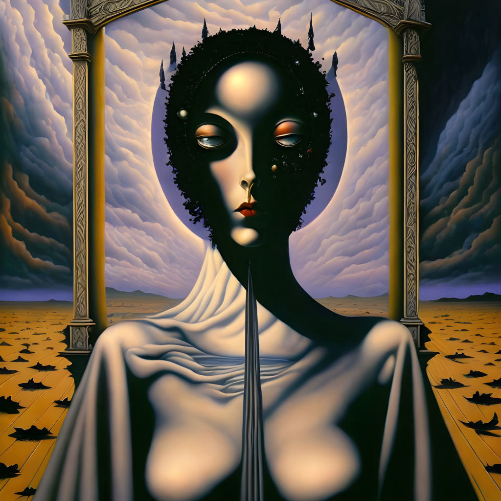 Dual-faced figure in surreal painting with swirling sky and barren landscape