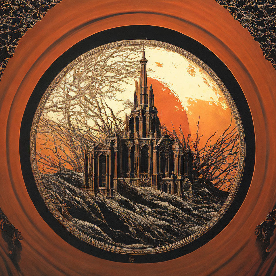 Gothic cathedral in circular frame with barren trees on orange and black background