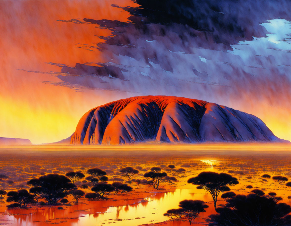 Scenic painting: Uluru sunset with orange hues and sparse vegetation.