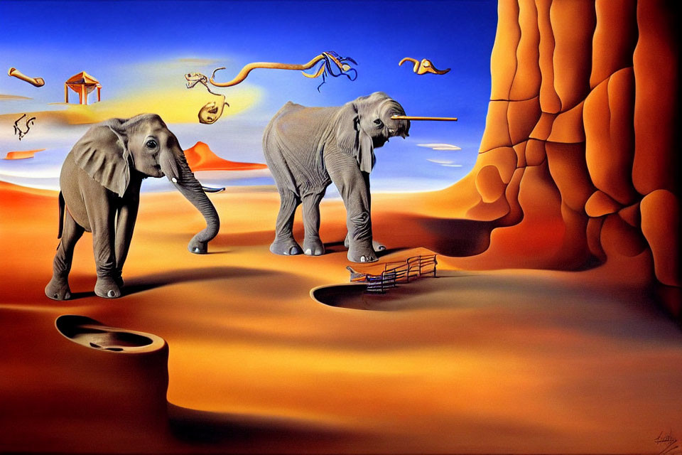 Surreal Landscape: Elephants, Distorted Shapes, Orange Tones