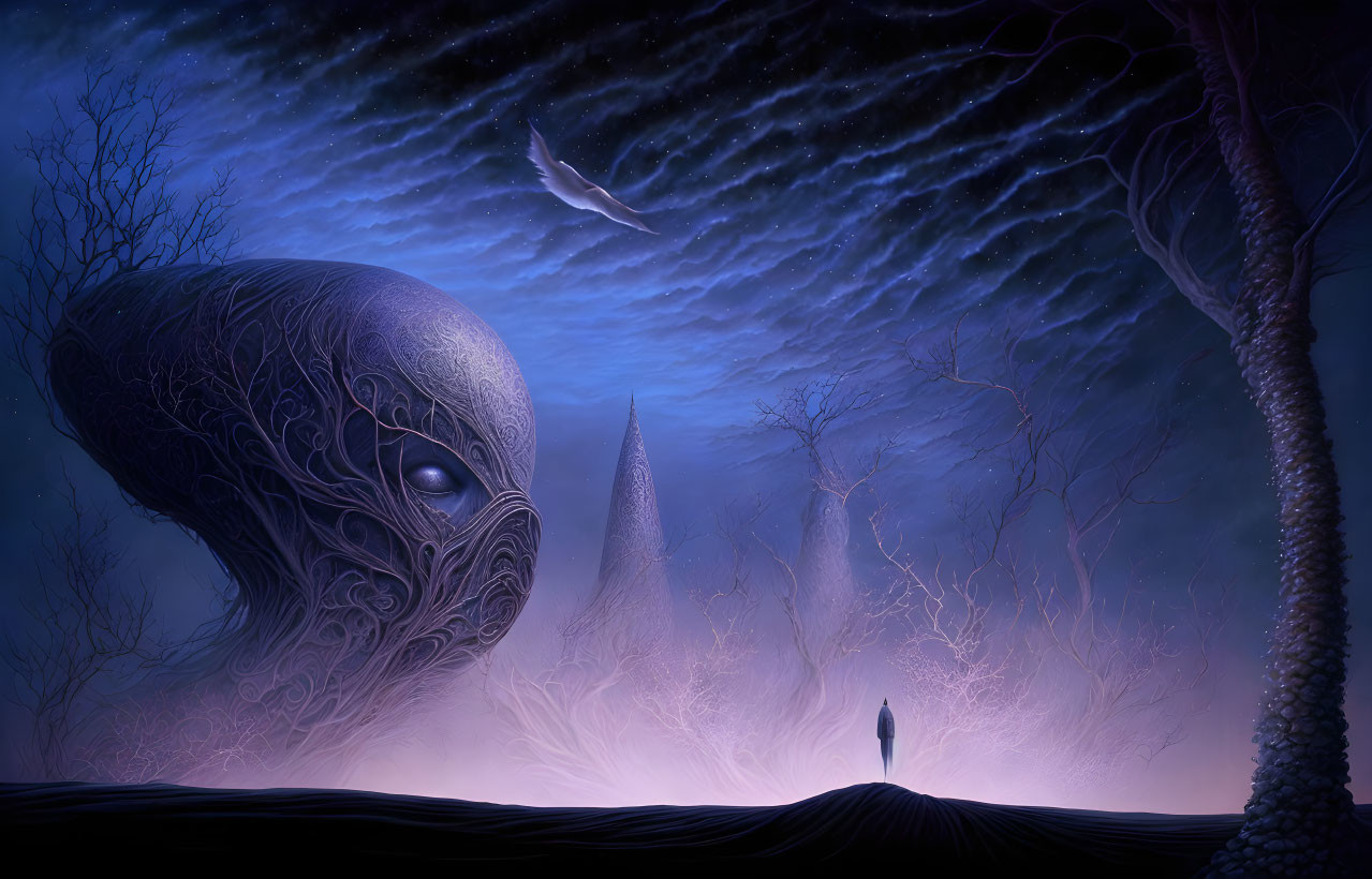 Ethereal night scene with surreal giant face, lone figure, soaring bird, bare trees, swirling