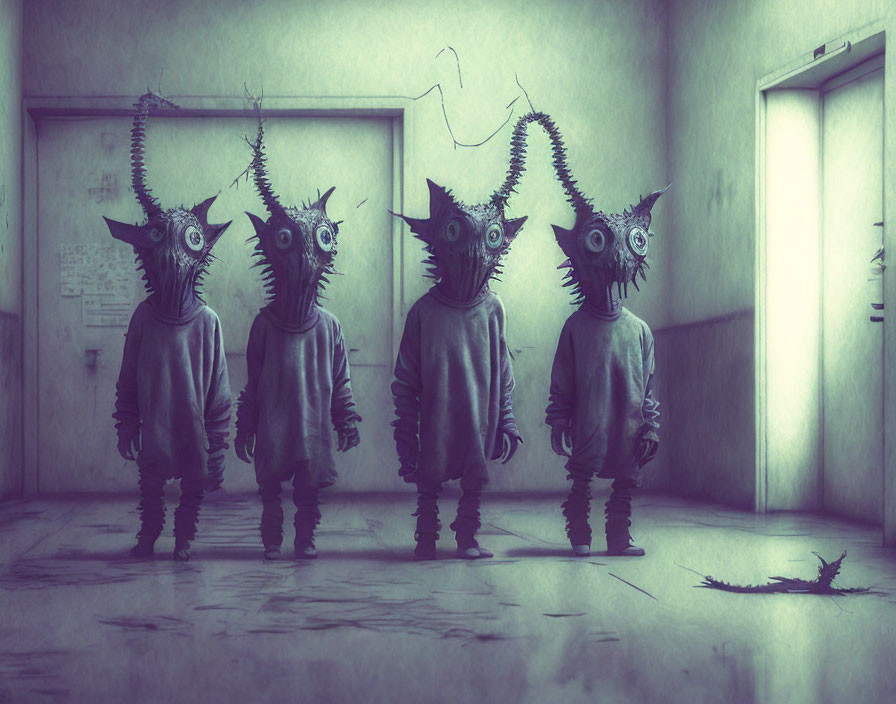 Elongated horned creature heads on humanoid figures in dim hallway