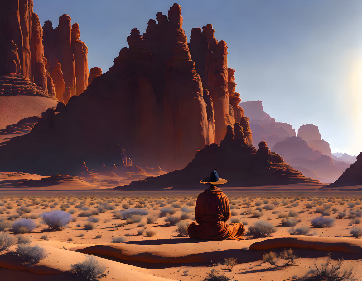 Person in Hat Meditating in Vast Desert with Red Rock Formations