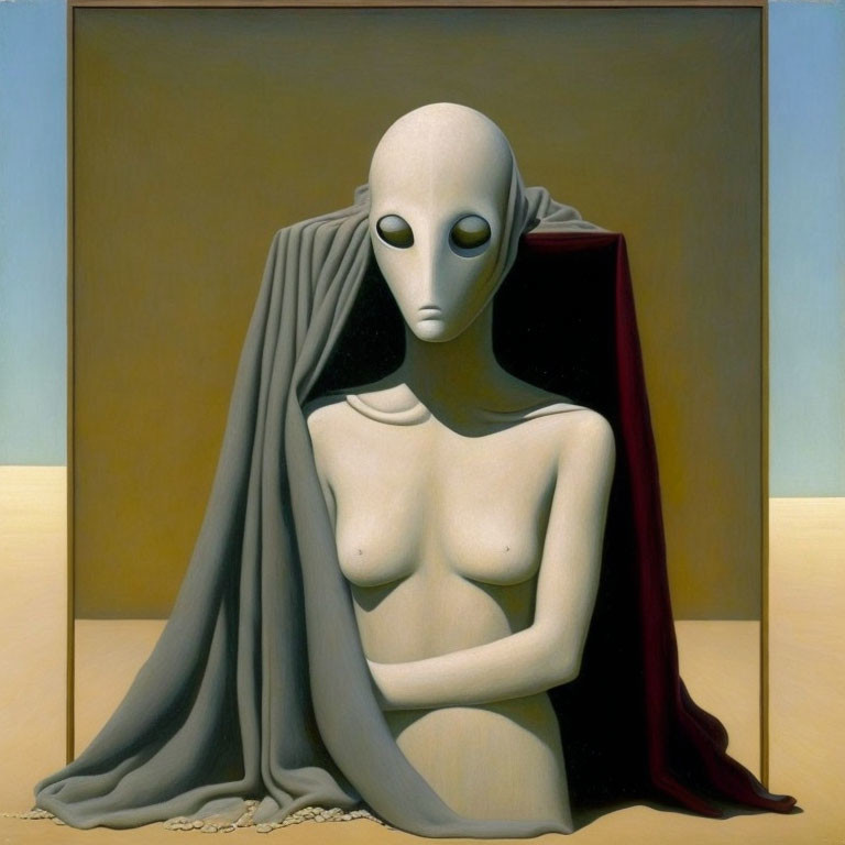 Surreal painting of alien-like figure in gray cloth on minimalistic background