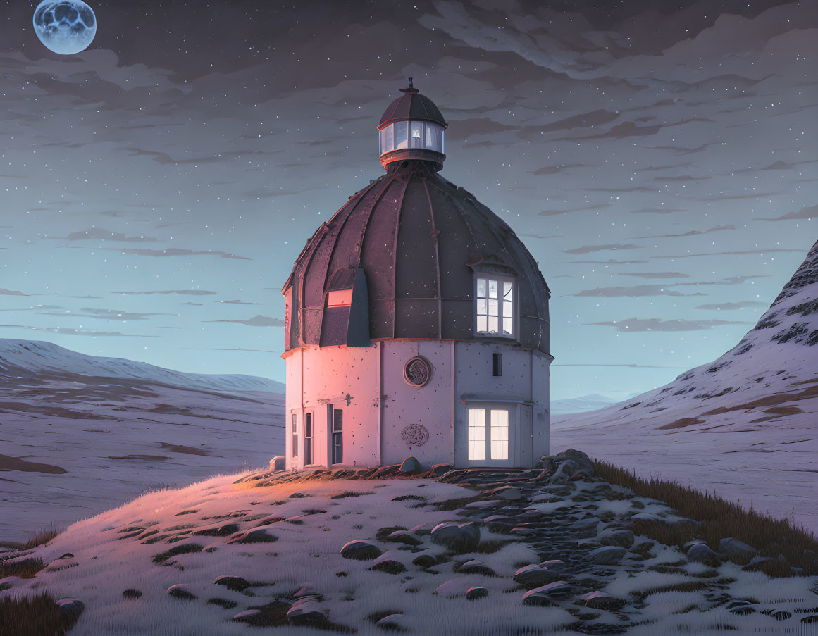 Isolated observatory under twilight sky with visible moon in snowy landscape