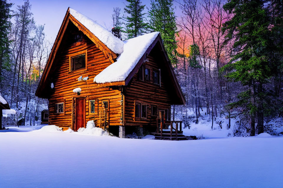 Snow-covered wooden cabin in twilight setting with surrounding trees