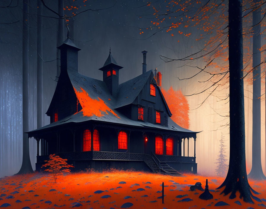 Gothic-style House with Glowing Red Windows in Forest Setting