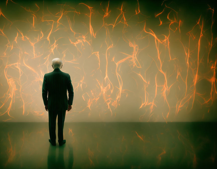 Man in suit standing before abstract orange lines on wall