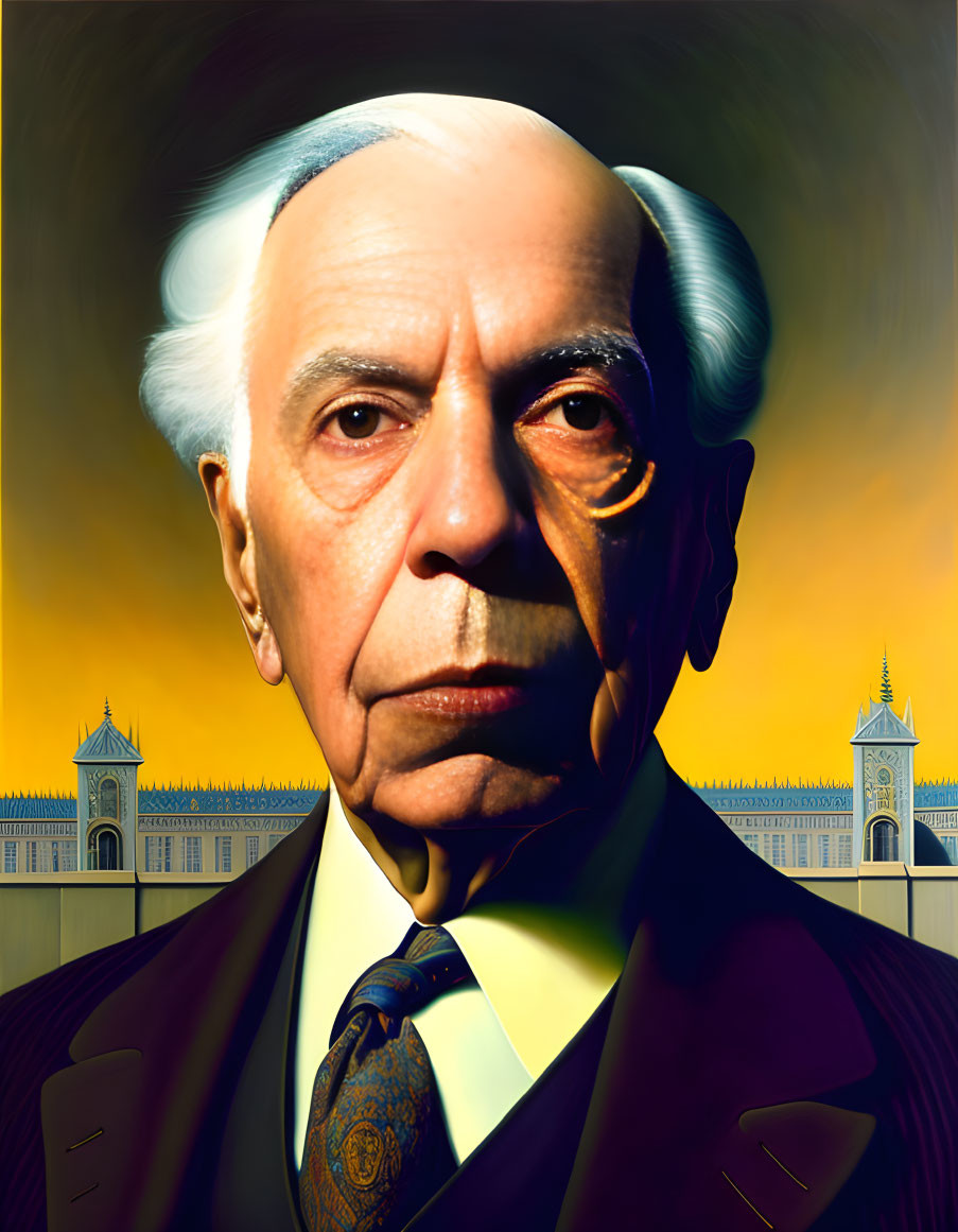 Elderly Man Portrait in Suit and Tie Against Architectural Background