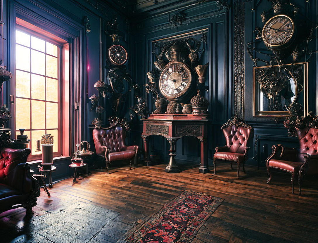 Dark Vintage Room with Clocks, Art, Leather Armchairs, Wooden Floors, and Warm Light