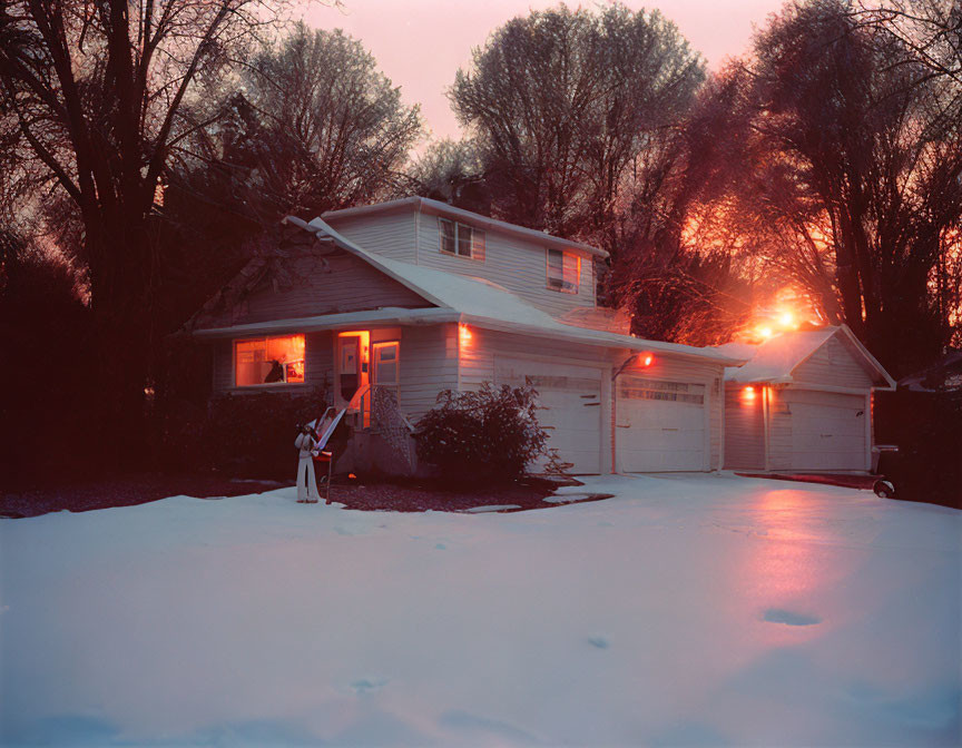 Snow-covered suburban house at dusk with warm lights and glowing sky