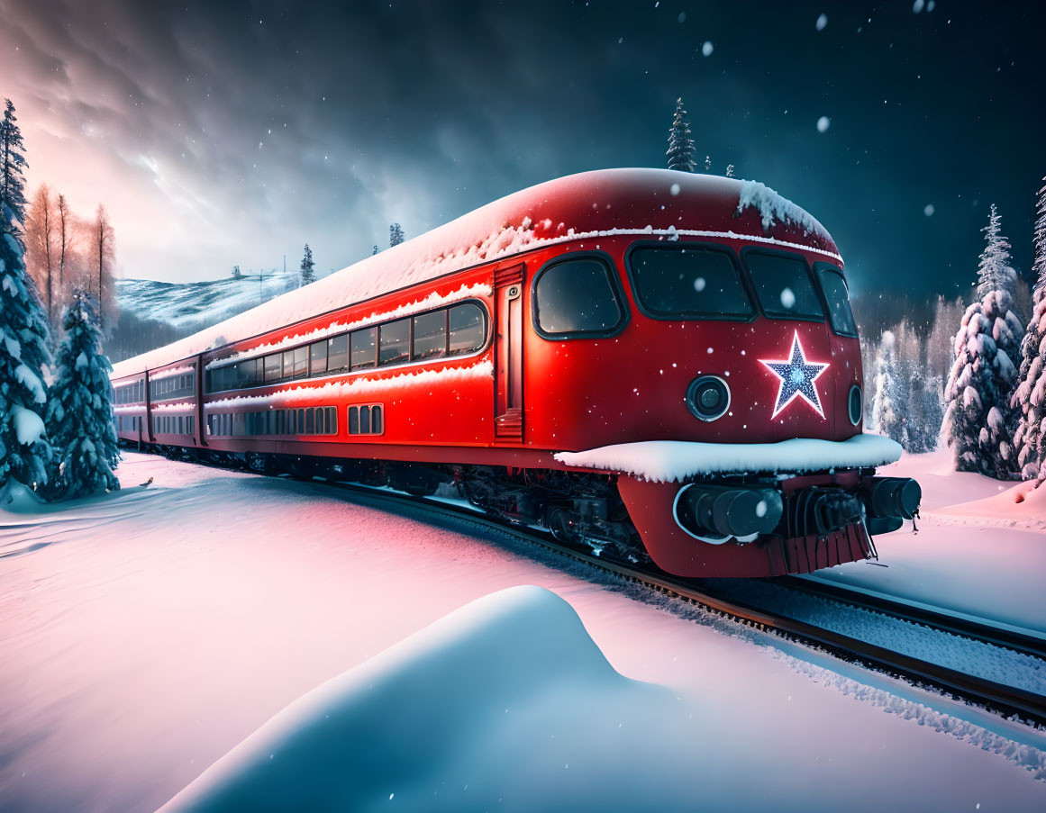 Vintage red train in snow-covered night landscape with illuminated trees