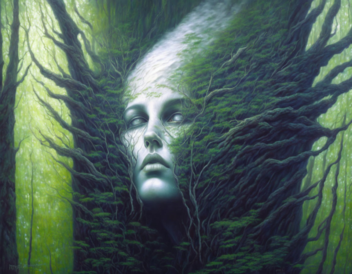 Surreal artwork blending woman's face with lush green forest