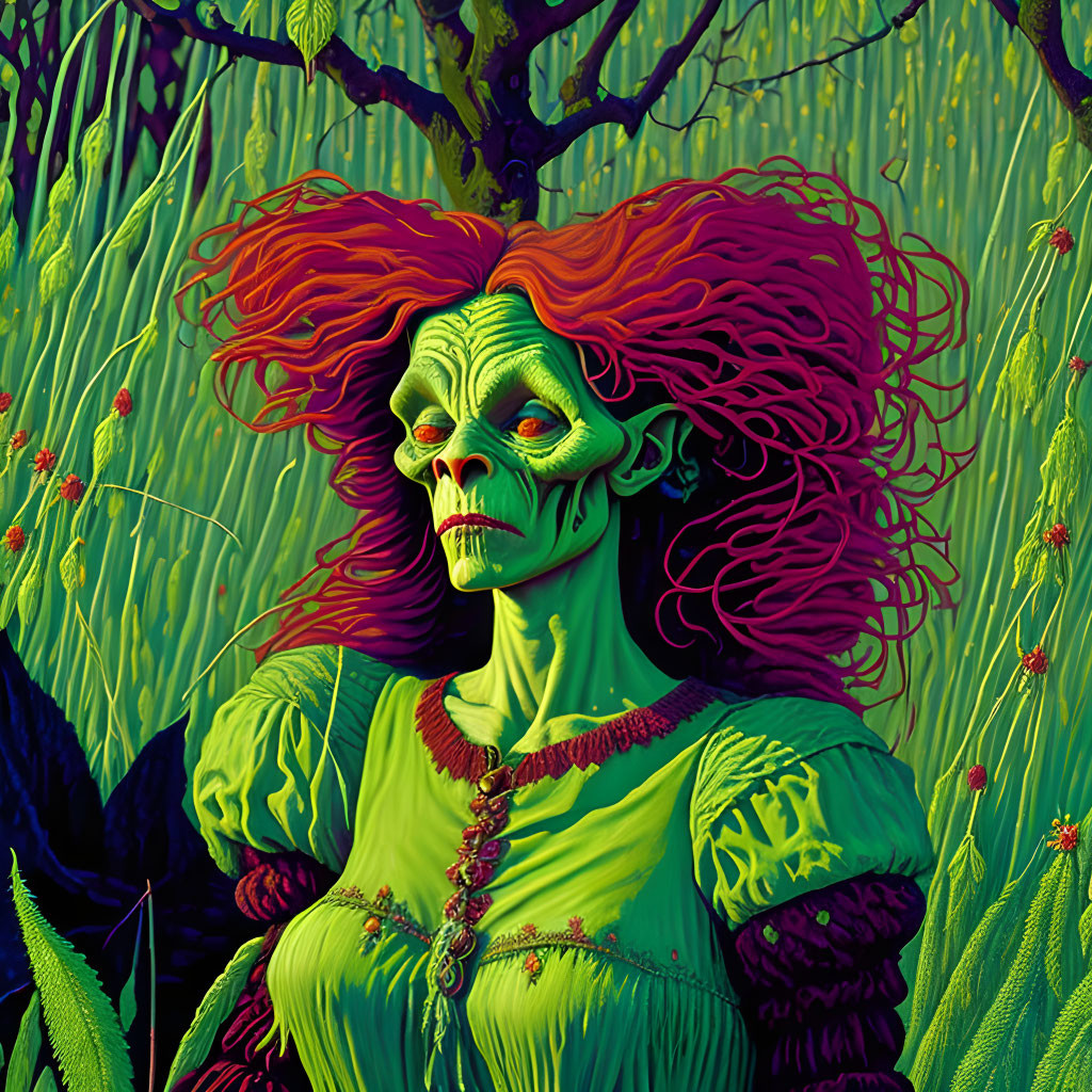 Green-skinned creature in Renaissance attire against forest backdrop