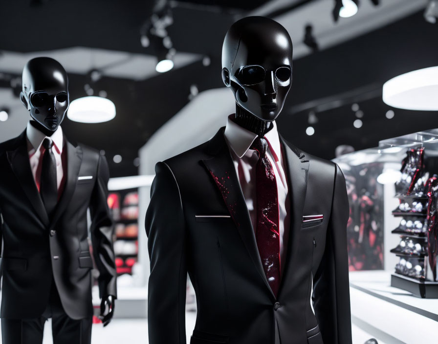 Elegant mannequins in modern fashion store with red-accented suits