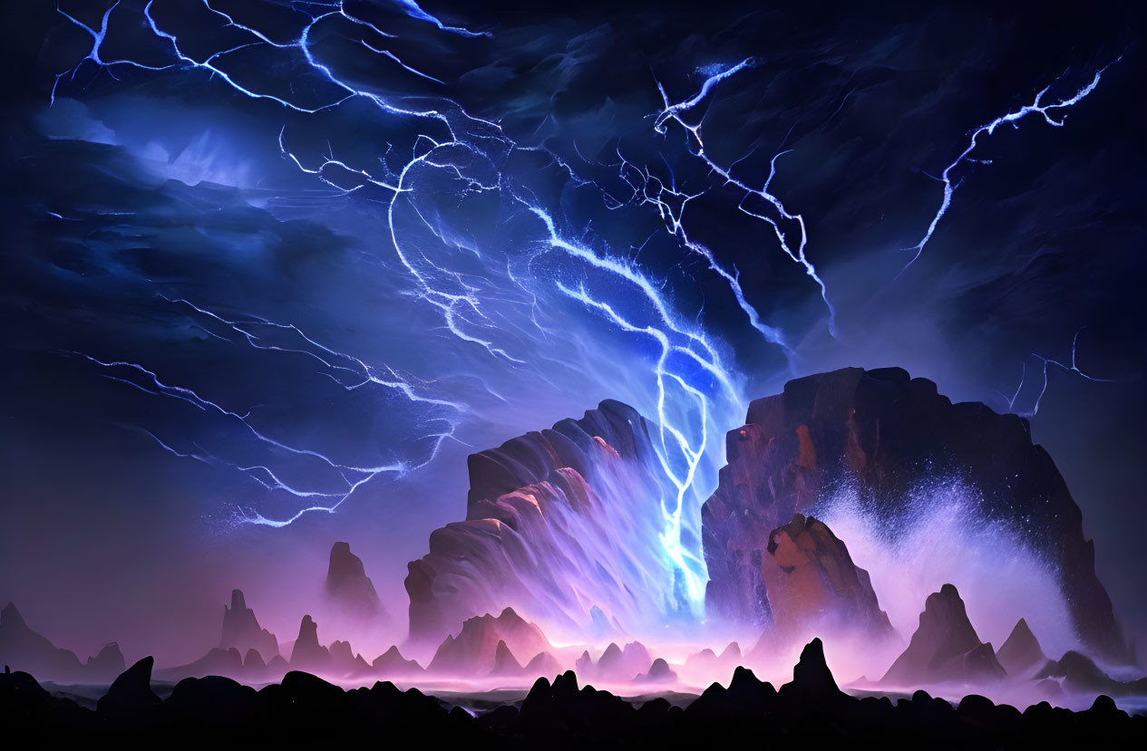 Majestic rock formations under stormy sky with glowing blue light