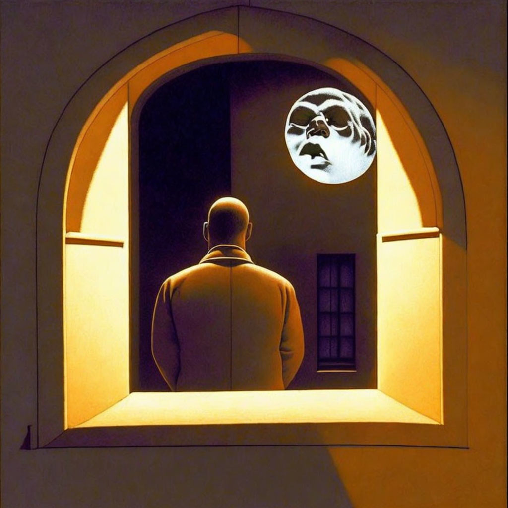 Silhouetted figure at night gazes at full moon through arched window