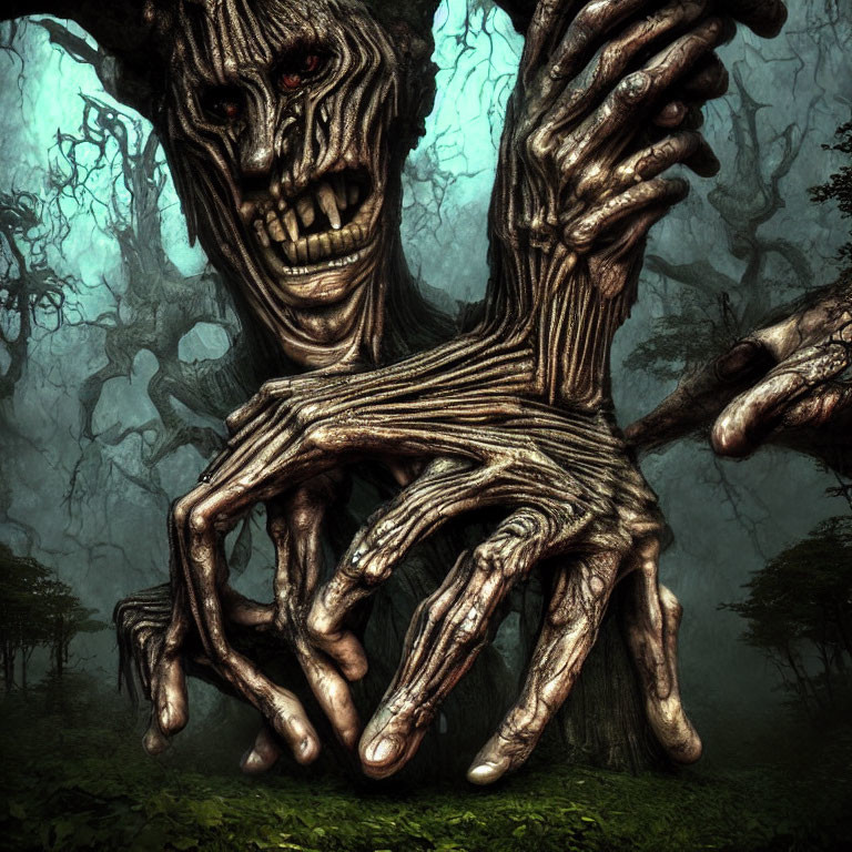 Menacing tree creature with humanoid features in foggy forest
