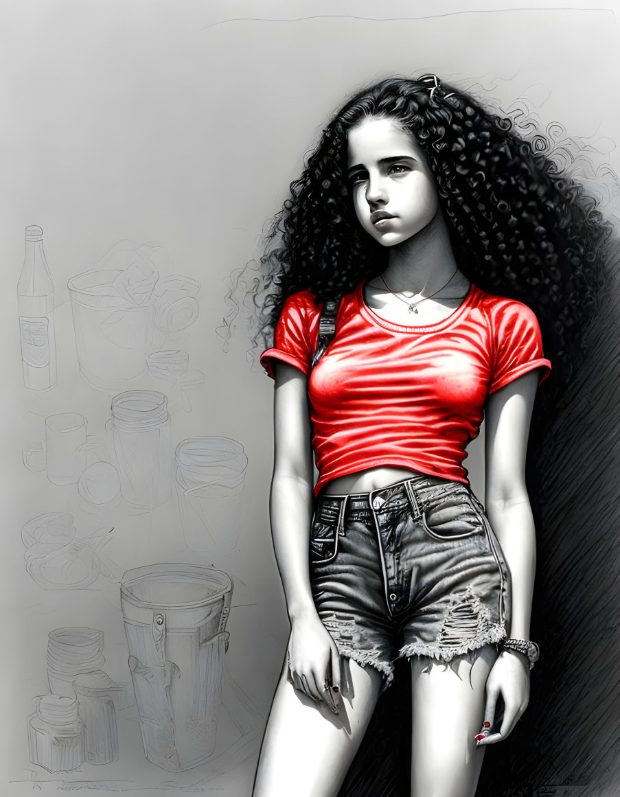 Monochrome illustration of young woman in red crop top and denim shorts