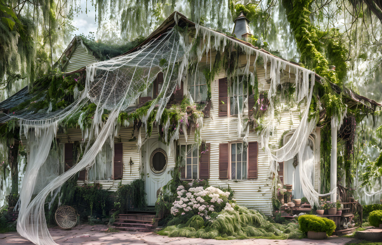 Desolate, overgrown house in eerie forest landscape