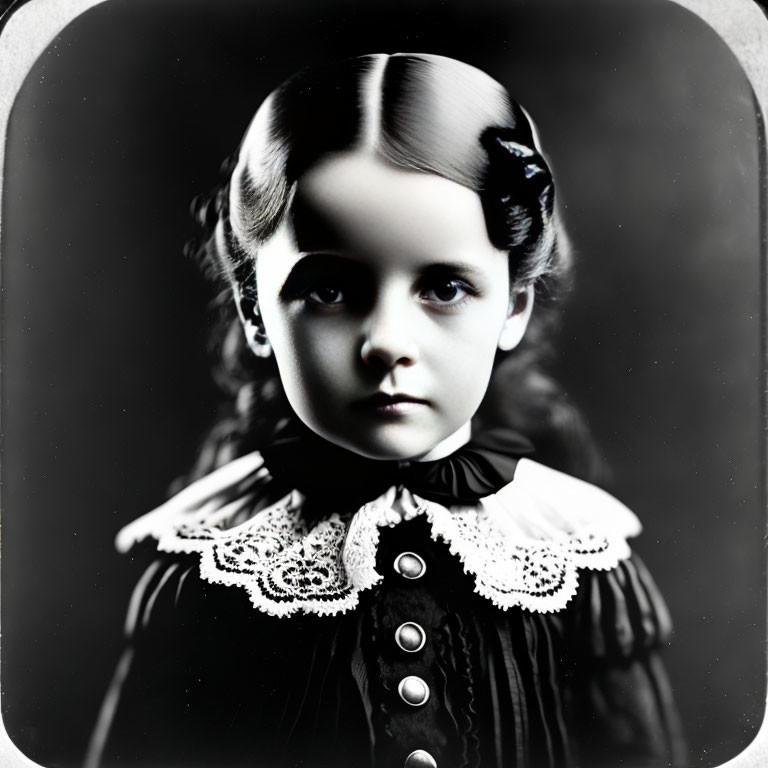 Portrait of young girl with wavy hair, ribbon headpiece, dark dress, lace collar.