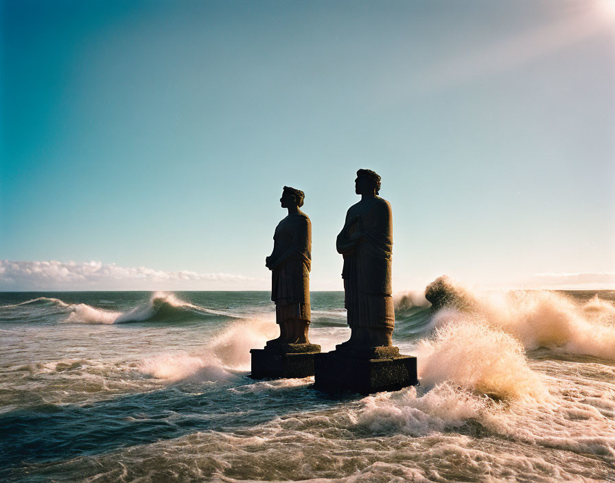 Statues Facing Sea with Crashing Waves on Pedestals