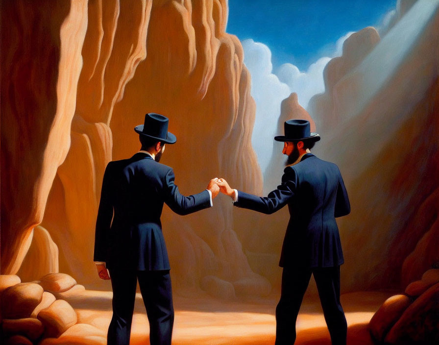 Men in suits and hats shake hands in sunlit canyon with long shadows.