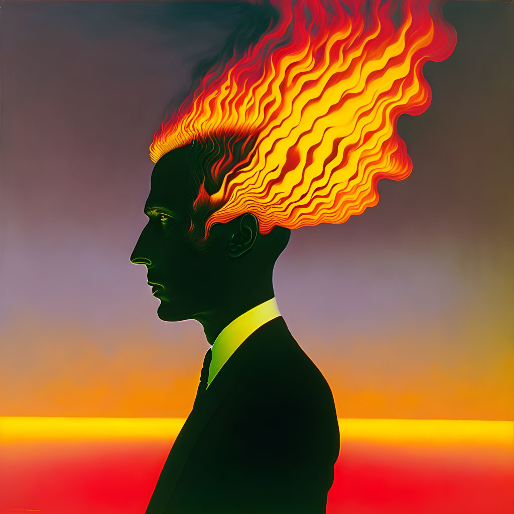 Man with Flame-Like Hair on Sunset Gradient Background