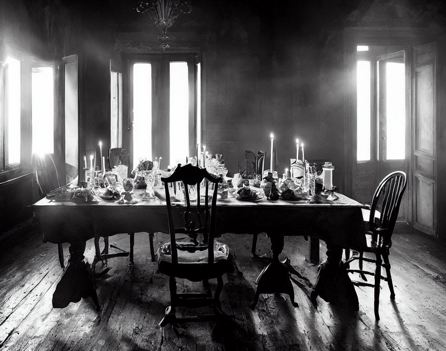 Vintage Dining Room with Long Table Set in Monochrome Photograph