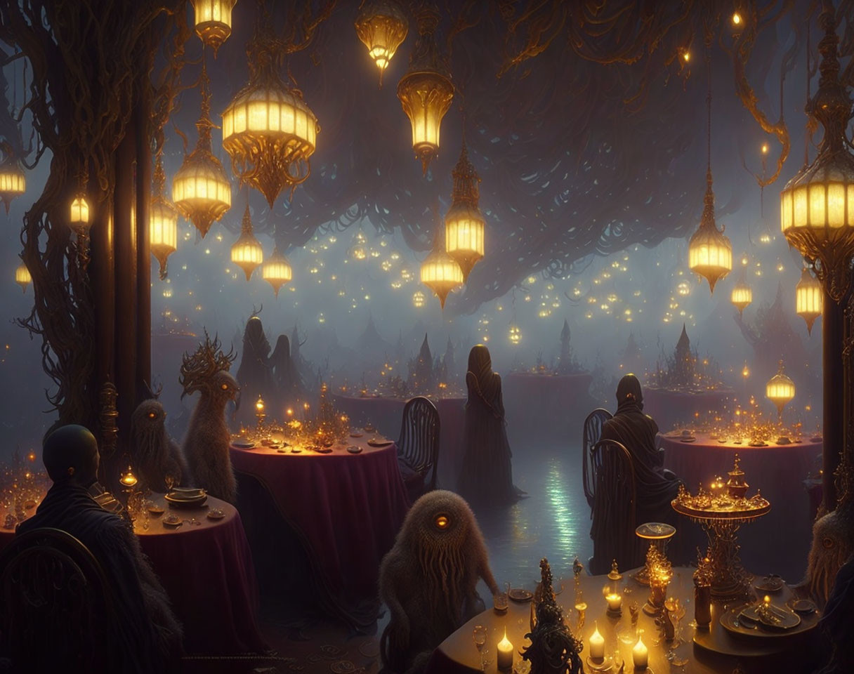 Fantasy banquet hall with ornate lanterns and shadowy figures