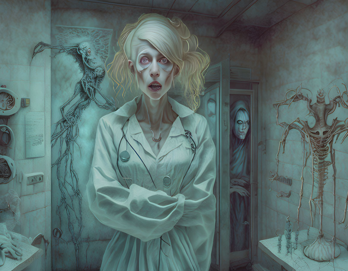 Blonde woman in surreal room with monsters and odd figures