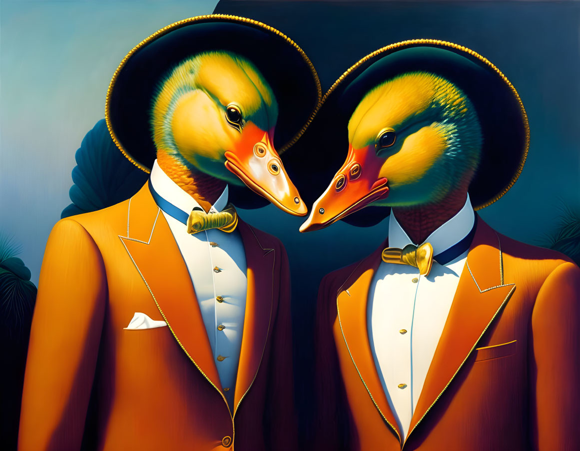 Anthropomorphic ducks in suits and sombreros on surreal blue background