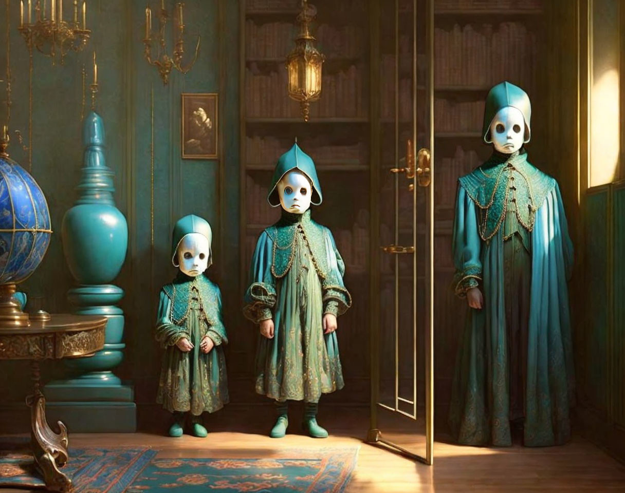 Three figures in pale masks and teal dresses in vintage room with globe and chandelier