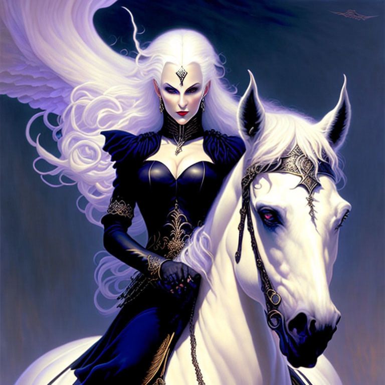 Illustration of pale-skinned female with silver hair in black outfit beside white horse